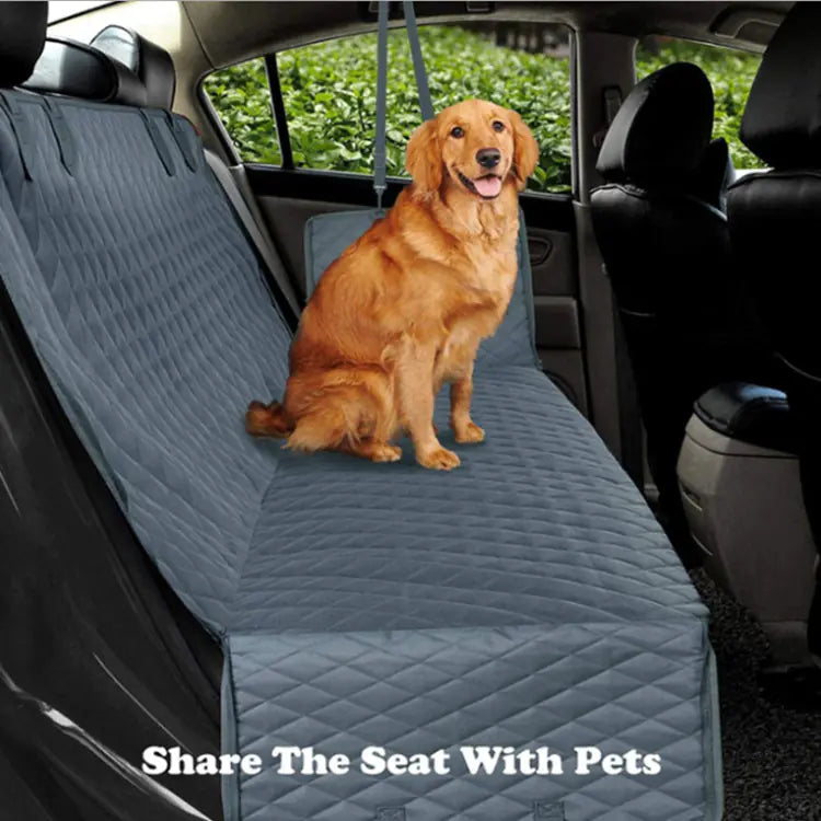 Dog sitting on a car seat cover with text 'Share The Seat With Pets' in a vehicle.