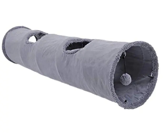 Grey fleece cat tunnel with collapsible design for indoor play