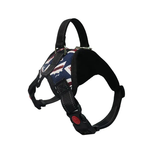Dog harness with American flag pattern on a white background