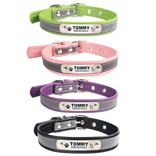 Adjustable reflective PU leather dog collar with personalised name tag