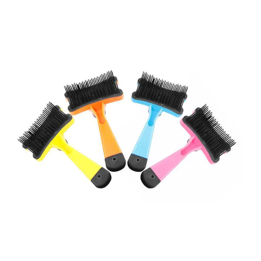 Four grooming brushes with colorful handles on a white background