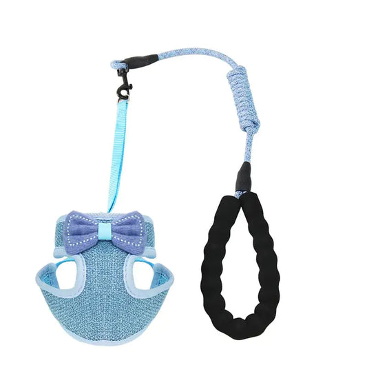 Blue pet harness with bow tie and black bungee leash on a white background