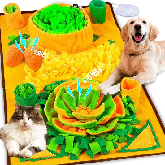 Colorful pet mat with green and orange designs, featuring a dog and cat on it.