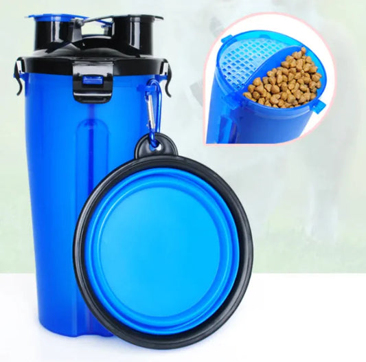 Blue pet water bottle and collapsible bowl with inset showing food inside the bowl.