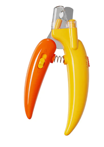 Nail clipper with orange and yellow handles on a white background