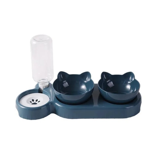 Pet water and food bowl set with a transparent water bottle on a white background