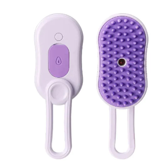 Purple and white grooming tool on a white background