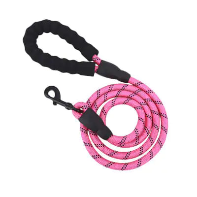 Pink dog leash with black handle on a white background