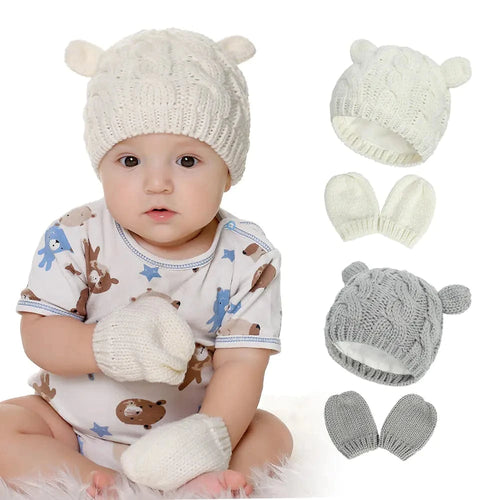 chicsourceco 2-Pack Adorable Knitted Hat and Mittens Set for Babies