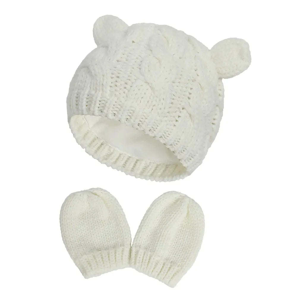 chicsourceco White  / 1 Set / M 2-Pack Adorable Knitted Hat and Mittens Set for Babies