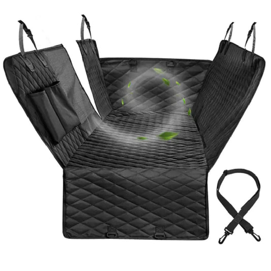 Black car seat cover with straps on a white background