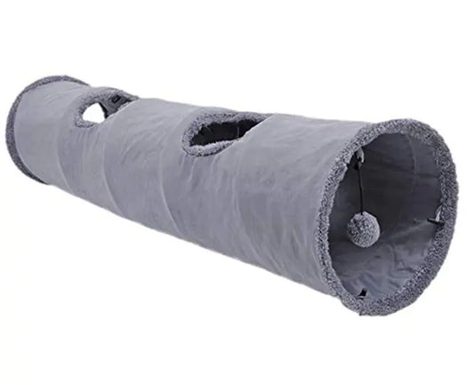 Grey fleece cat tunnel with collapsible design for indoor play