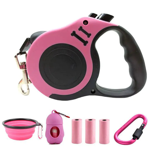 Pink and black pet accessory set including a, bowl, and carabiner on a white background.